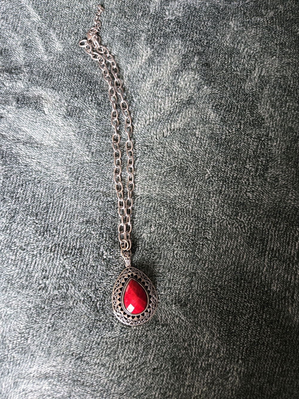 Silver Teardrop Pendant Necklace with Red Gem